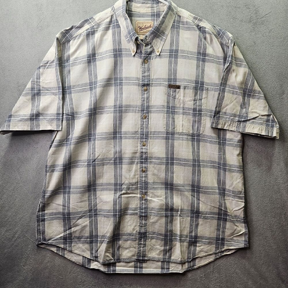 Woolrich Button Up Shirt Mens XL White Blue Plaid Outdoor Hunting Short Sleeve